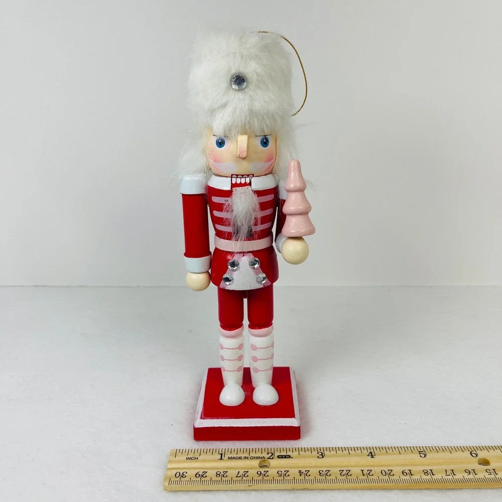 Red and Pink Wooden Nutcracker Soldier with Faux Fur Hat and Pink Tree 8 Inch